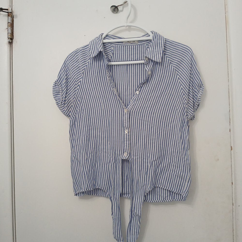 Striped Blue and White Tie-Front Blouse